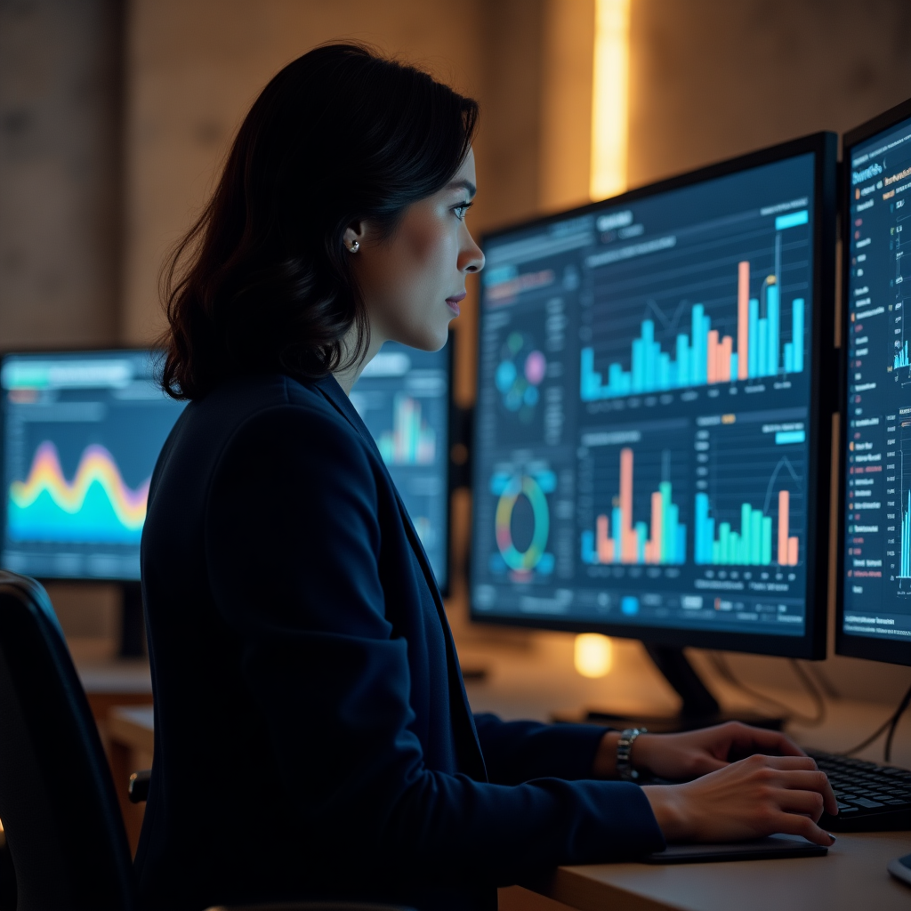 Analista revisando métricas en tiempo real con interfaces avanzadas
